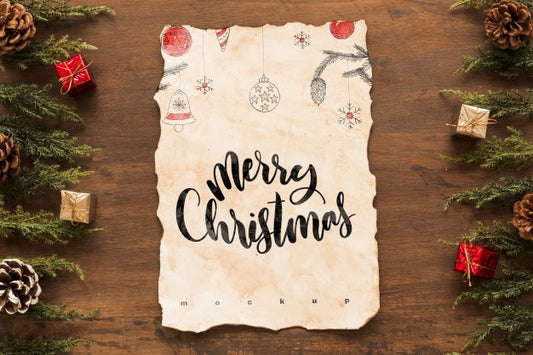 Free Top View Christmas Composition With Old Paper Mockup Psd