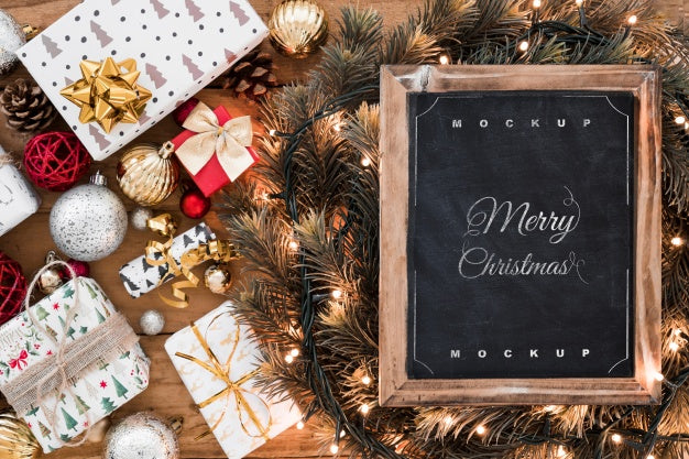 Free Top View Christmas Composition With Slate Mockup Psd