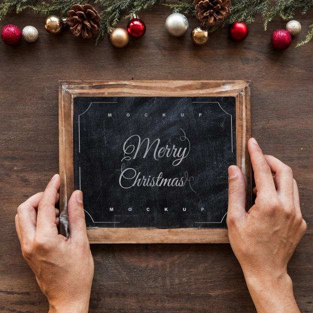 Free Top View Christmas Composition With Slate Mockup Psd