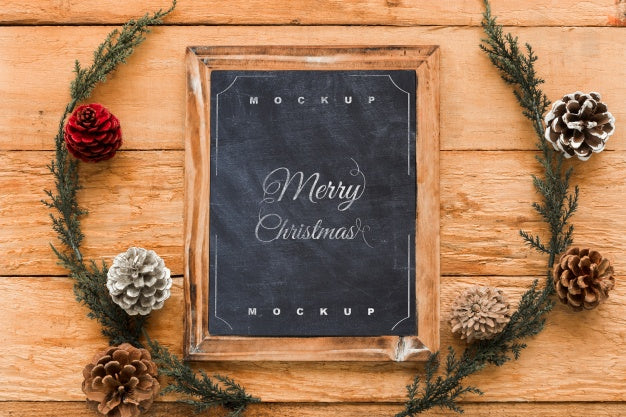 Free Top View Christmas Composition With Slate Mockup Psd