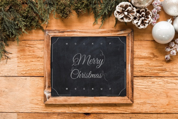 Free Top View Christmas Composition With Slate Mockup Psd