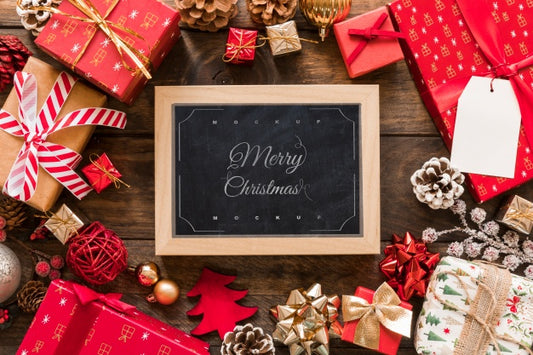 Free Top View Christmas Composition With Slate Mockup Psd