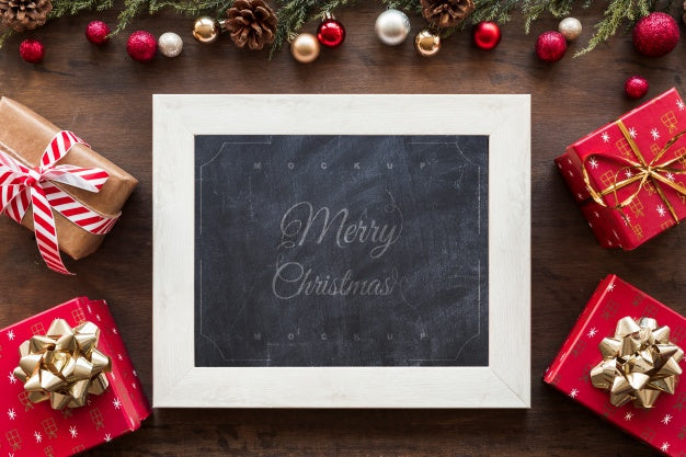 Free Top View Christmas Composition With Slate Mockup Psd