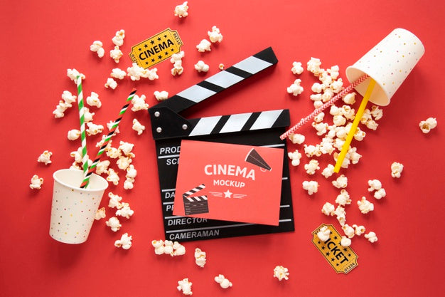 Free Top View Cinema Mockup With Popcorn Psd