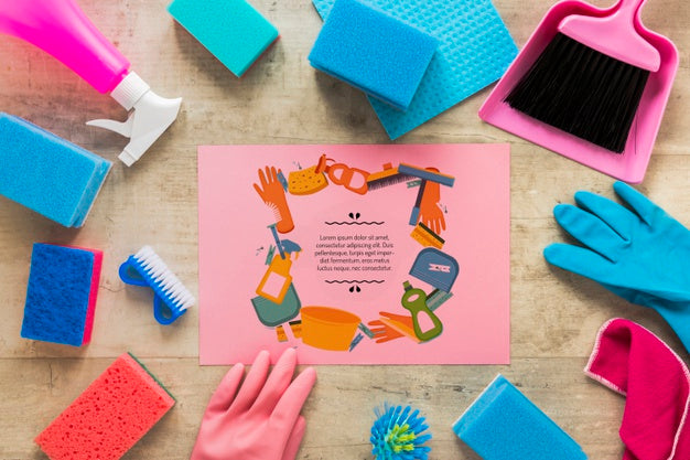 Free Top View Cleaning Service Equipment With Pink Card Mock-Up Psd