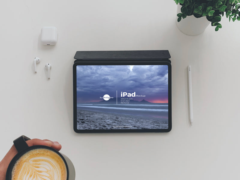 Free Top View Coffee With Ipad Mockup