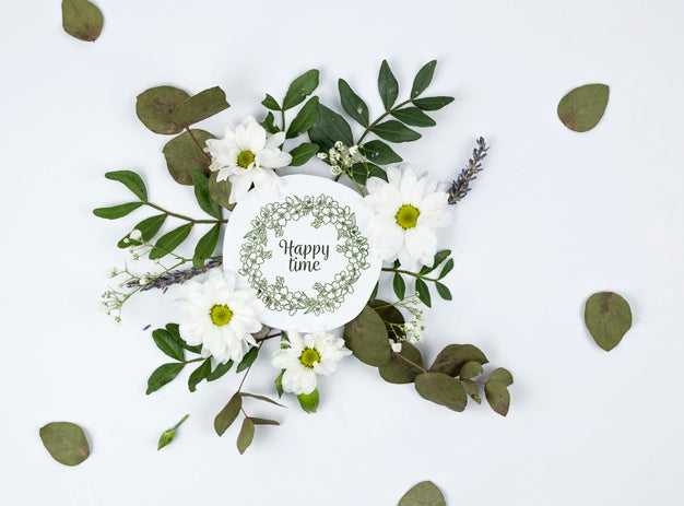 Free Top View Daisies And Leaves Framing Mockup Psd