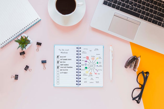 Free Top View Desk Concept With Mock-Up Psd