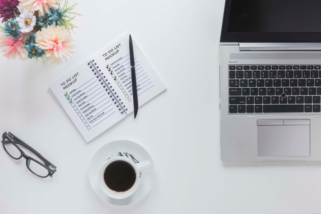 Free Top View Desk Concept With Mock-Up Psd