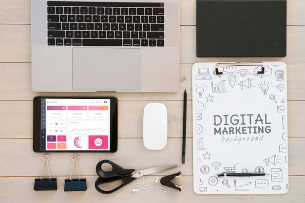 Free Top View Digital Marketing Desk Concept Psd