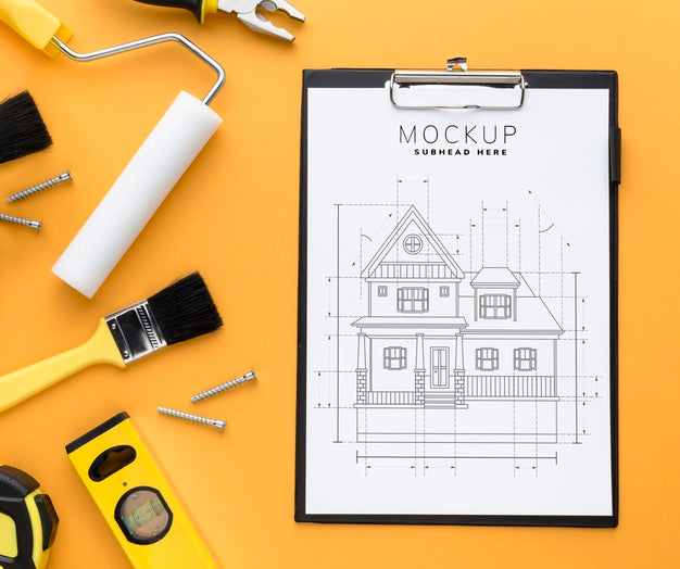 Free Top View Engineering Tools With Clipboard Mock-Up Psd