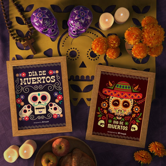 Free Top View Floral Skull In Mock-Up With Festive Decorations Psd