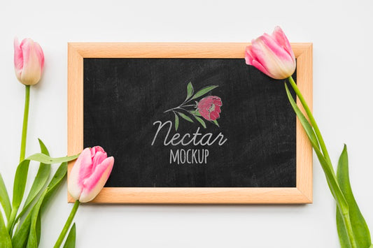 Free Top View Flowers On Blackboard Psd