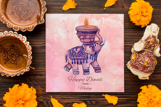 Free Top View Happy Diwali Festival Mock-Up Elephant And Flowers Psd