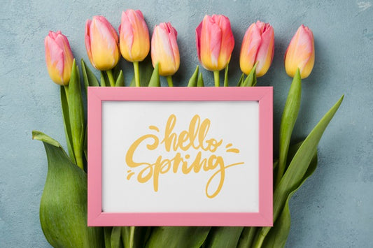 Free Top View Hello Spring Mockup With Flowers Psd