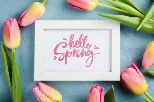 Free Top View Hello Spring Mockup With Flowers Psd