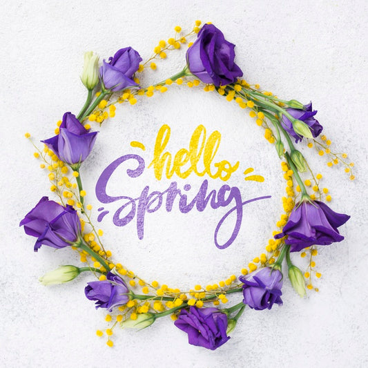 Free Top View Hello Spring Mockup With Flowers Psd