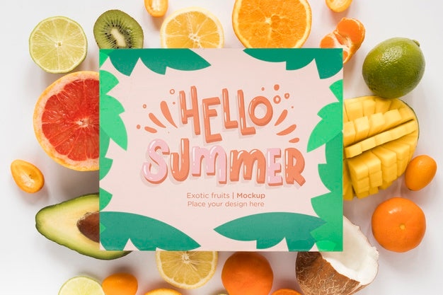 Free Top View Hello Summer With Exotic Fruits Psd