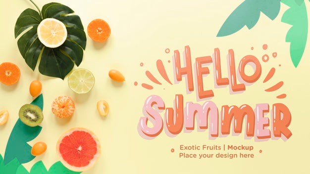 Free Top View Hello Summer With Exotic Fruits Psd