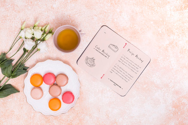 Free Top View Macarons And Tea Arrangement Psd