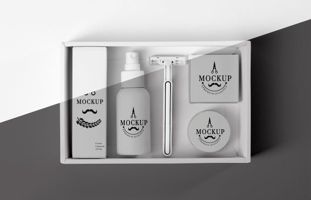 Free Top View Of Barbershop Products Box With Razor Psd