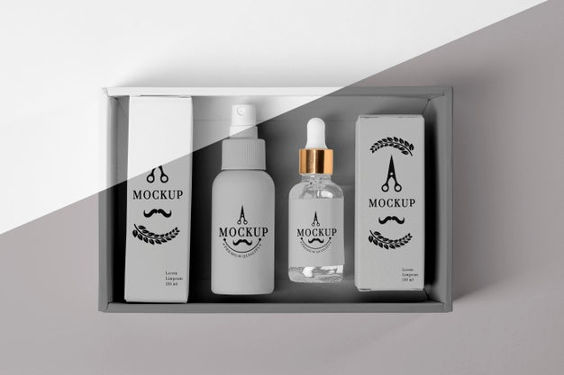 Free Top View Of Barbershop Products Box With Serums Psd