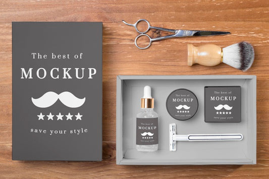 Free Top View Of Beard Care Products In Set With Scissors Psd