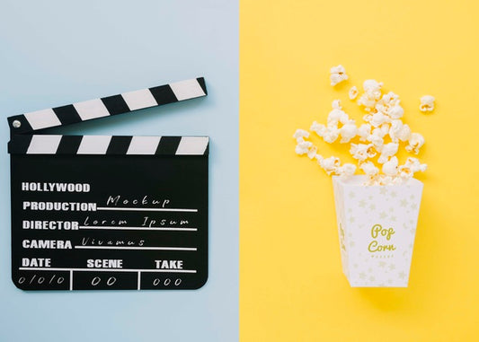 Free Top View Of Cinema Clapperboard With Popcorn And Clapperboard Psd