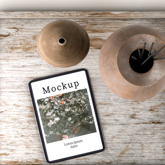 Free Top View Of Decorative Vases On Wooden Tray Psd