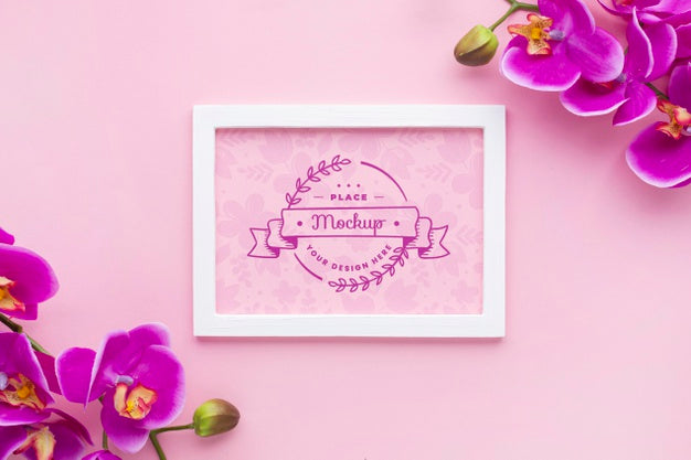 Free Top View Of Frame Mock-Up With Orchid Psd