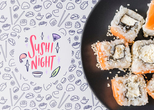 Free Top View Of Plate Of Sushi With Sesame Psd