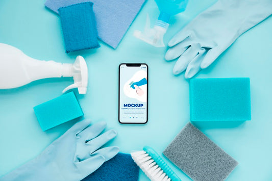 Free Top View Of Smartphone And Cleaning Solutions Psd