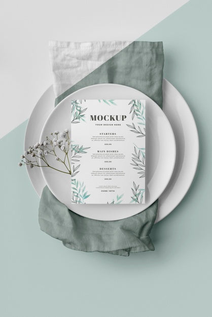 Free Top View Of Table Arrangement With Plates And Spring Menu Mock-Up Psd