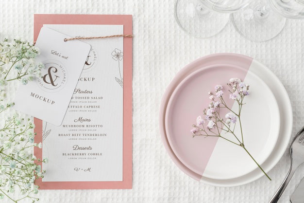 Free Top View Of Table Arrangement With Spring Menu Mock-Up And Plates Psd