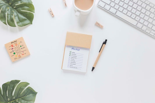 Free Top View Office Desk Concept With Mock-Up Psd