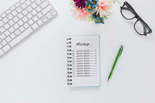 Free Top View Office Desk Concept With Mock-Up Psd