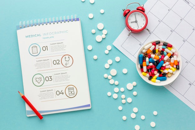 Free Top View Pills And Notebook Arrangement Psd