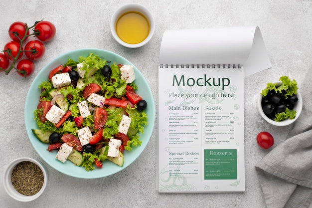 Free Top View Salad And Menu Arrangement Psd