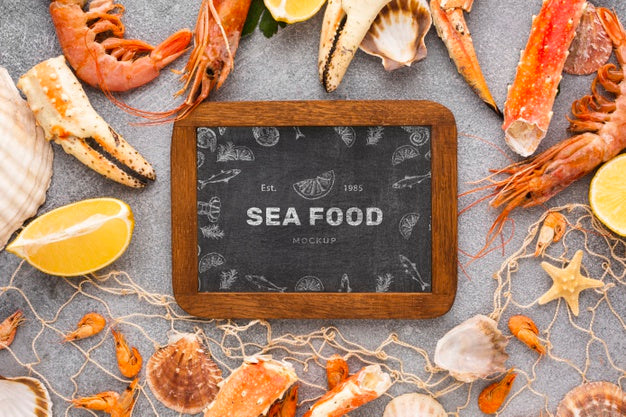 Free Top View Sea Food Arrangement With Blackboard Mock-Up Psd