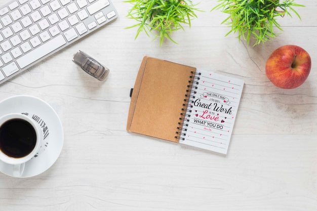 Free Top View Simple Business Desk With Notebook Mock-Up Psd