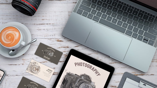 Free Top View Stationery Mockup With Photography Concept Psd