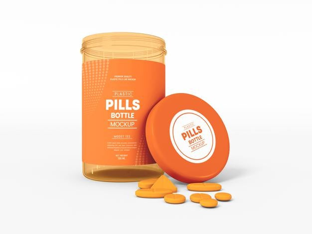 Free Transparent Plastic Pill Bottle Packaging Mockup Psd