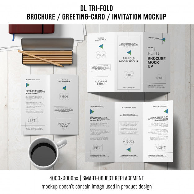 Free Trifold Brochure Or Invitation Mockup Still Life Concept Psd