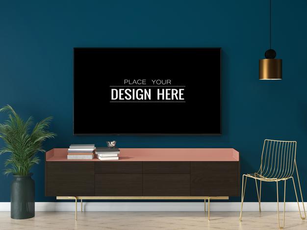 Free Tv In Living Room Mockup Psd