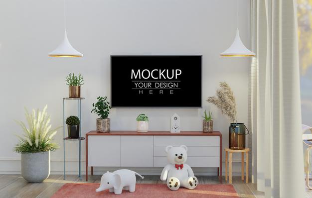 Free Tv In Living Room Mockup Psd