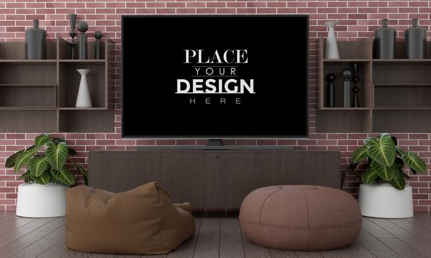 Free Tv In Living Room Mockup Psd