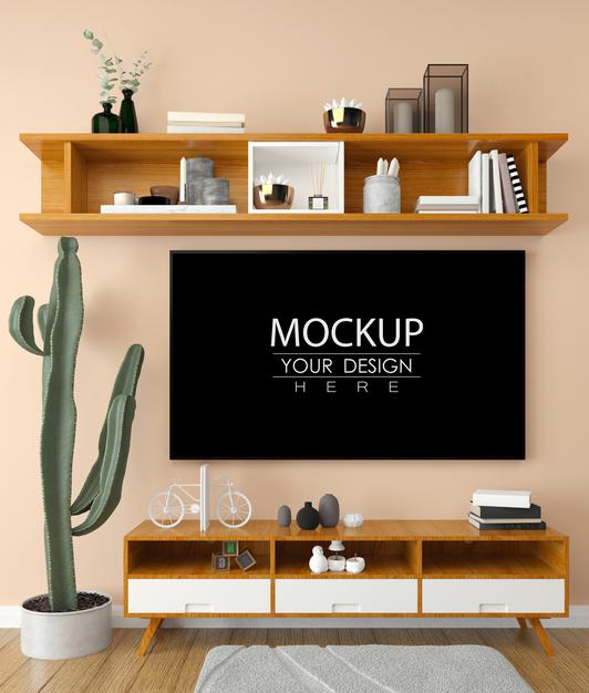 Free Tv In Living Room Mockup Psd