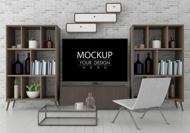 Free Tv In Living Room Mockup Psd