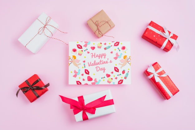 Free Valentines Card Mockup With Presents Psd