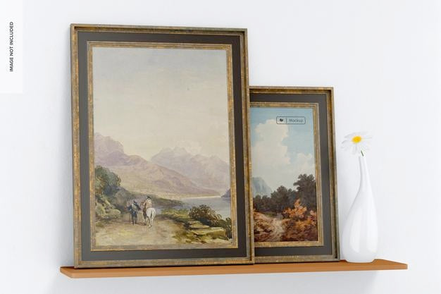 Free Vintage Wood Frames Mockup, On Shelf Psd